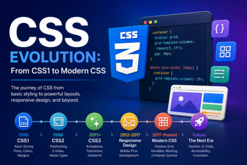 Infographic showing the evolution of CSS from CSS1 and CSS2 to CSS3, Responsive Design, Flexbox, CSS Grid, Variables, Container Queries, and future web styling technologies.