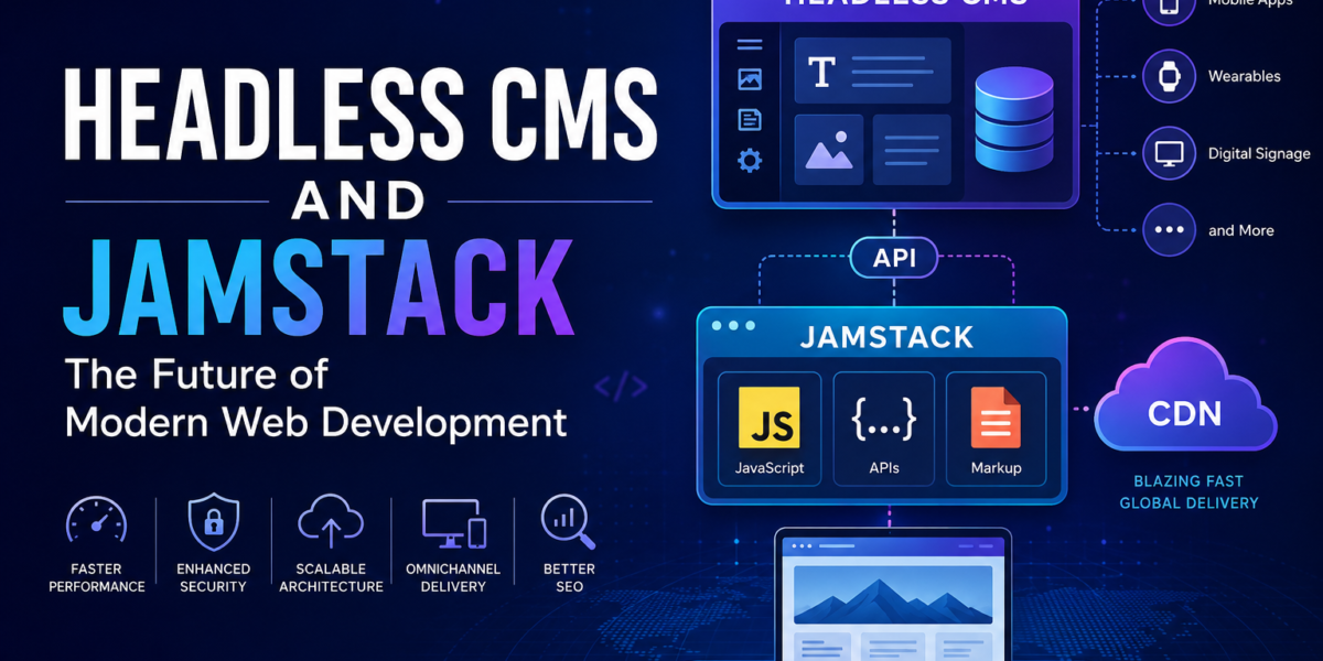 Headless CMS and Jamstack architecture diagram showing API-driven content delivery, static site generation, and modern web development workflow.