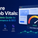 Modern SEO infographic showing Core Web Vitals performance dashboard with speed gauge, metrics, and web analytics UI illustrating website optimization and SEO performance.