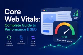 Modern SEO infographic showing Core Web Vitals performance dashboard with speed gauge, metrics, and web analytics UI illustrating website optimization and SEO performance.