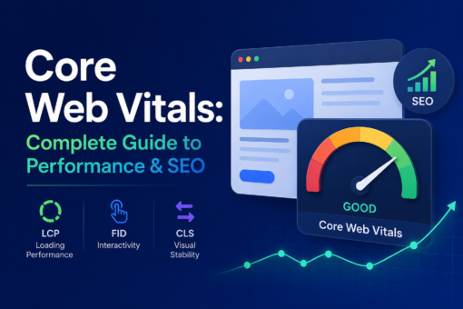 Modern SEO infographic showing Core Web Vitals performance dashboard with speed gauge, metrics, and web analytics UI illustrating website optimization and SEO performance.