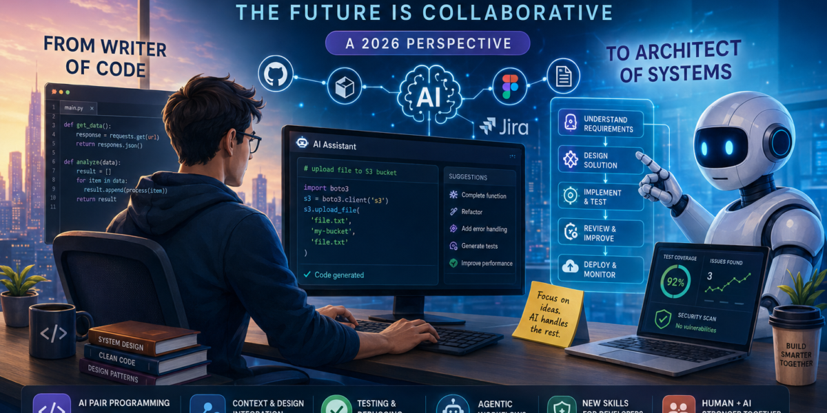 A software developer collaborates with an AI assistant in a futuristic workspace featuring holographic coding interfaces, GitHub, Figma, Jira, testing dashboards, and workflow diagrams illustrating the AI-powered software development process in 2026.