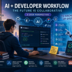 A software developer collaborates with an AI assistant in a futuristic workspace featuring holographic coding interfaces, GitHub, Figma, Jira, testing dashboards, and workflow diagrams illustrating the AI-powered software development process in 2026.