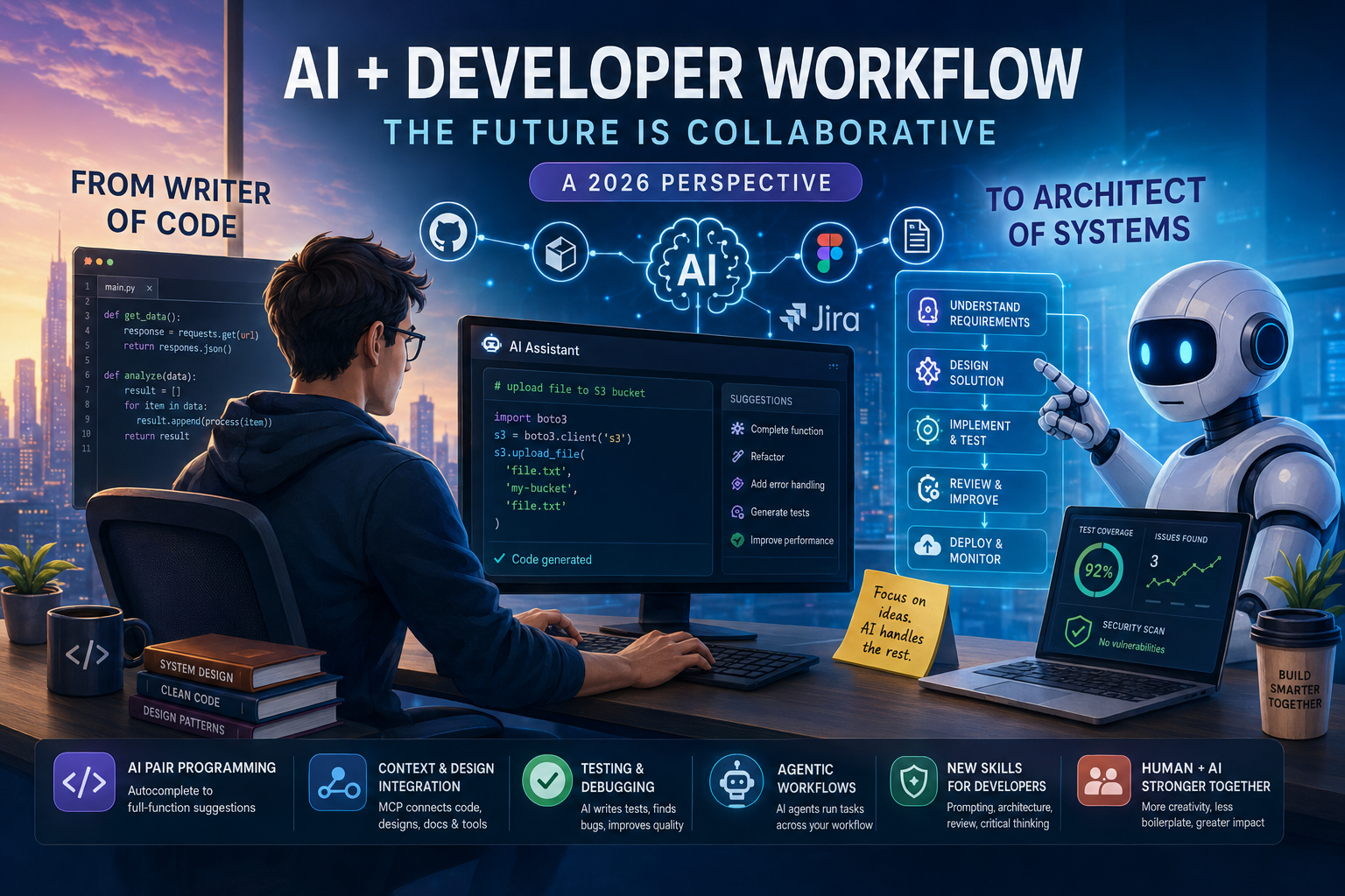 A software developer collaborates with an AI assistant in a futuristic workspace featuring holographic coding interfaces, GitHub, Figma, Jira, testing dashboards, and workflow diagrams illustrating the AI-powered software development process in 2026.
