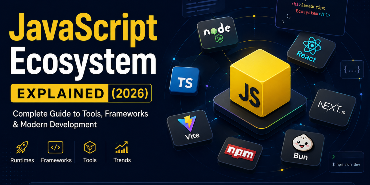 JavaScript ecosystem infographic showing Node.js, React, Vite, npm, Bun, and Next.js connected around a central JavaScript cube representing modern web development tools and frameworks in 2026.