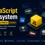 JavaScript ecosystem infographic showing Node.js, React, Vite, npm, Bun, and Next.js connected around a central JavaScript cube representing modern web development tools and frameworks in 2026.