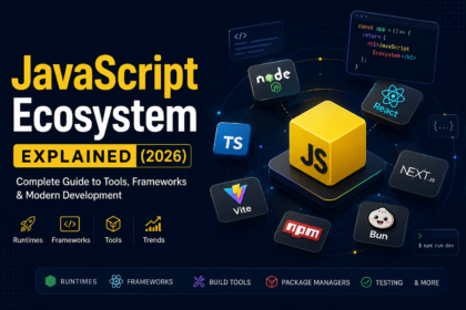 JavaScript ecosystem infographic showing Node.js, React, Vite, npm, Bun, and Next.js connected around a central JavaScript cube representing modern web development tools and frameworks in 2026.
