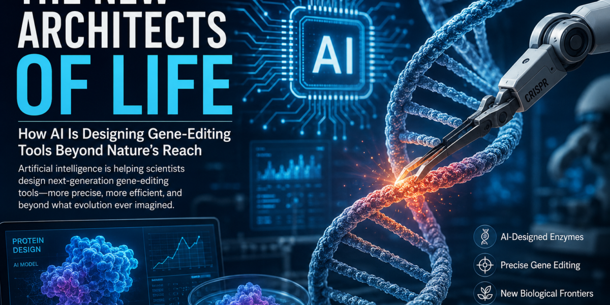 Artificial intelligence designing CRISPR gene-editing tools with a DNA double helix, robotic molecular editor, AI processor, and futuristic biotechnology laboratory illustrating AI-driven protein engineering and synthetic biology.