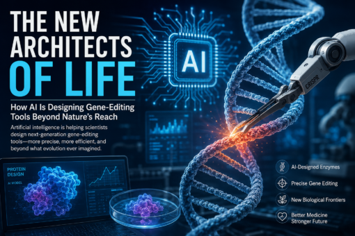 Artificial intelligence designing CRISPR gene-editing tools with a DNA double helix, robotic molecular editor, AI processor, and futuristic biotechnology laboratory illustrating AI-driven protein engineering and synthetic biology.