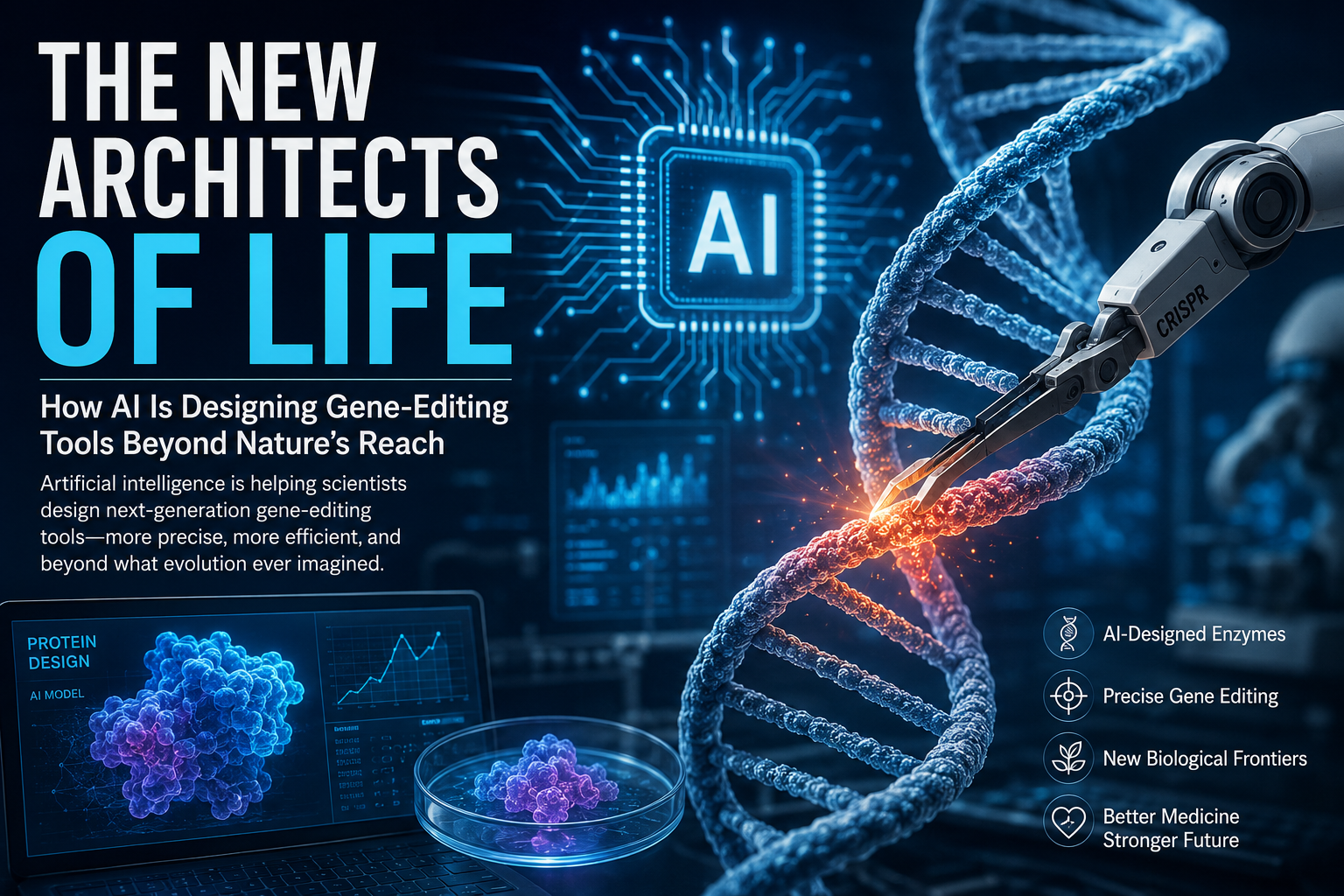 Artificial intelligence designing CRISPR gene-editing tools with a DNA double helix, robotic molecular editor, AI processor, and futuristic biotechnology laboratory illustrating AI-driven protein engineering and synthetic biology.