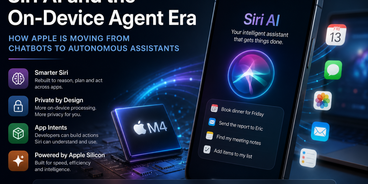 Illustration of Apple's Siri AI showcasing on-device AI processing, autonomous assistant capabilities, Apple Silicon, Private Cloud Compute, and cross-app intelligence introduced during WWDC 2026.
