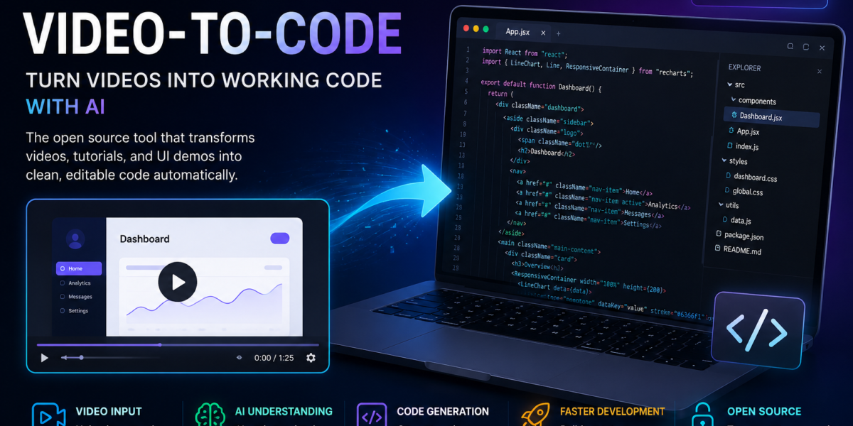 Futuristic illustration of an open source video-to-code AI tool converting video input into functional source code displayed on a laptop screen with a modern developer interface.
