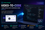 Futuristic illustration of an open source video-to-code AI tool converting video input into functional source code displayed on a laptop screen with a modern developer interface.