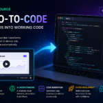 Futuristic illustration of an open source video-to-code AI tool converting video input into functional source code displayed on a laptop screen with a modern developer interface.