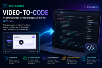 Futuristic illustration of an open source video-to-code AI tool converting video input into functional source code displayed on a laptop screen with a modern developer interface.