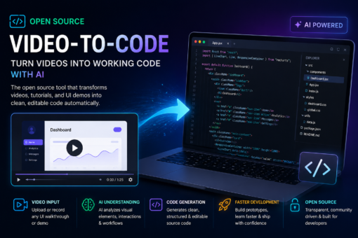 Futuristic illustration of an open source video-to-code AI tool converting video input into functional source code displayed on a laptop screen with a modern developer interface.